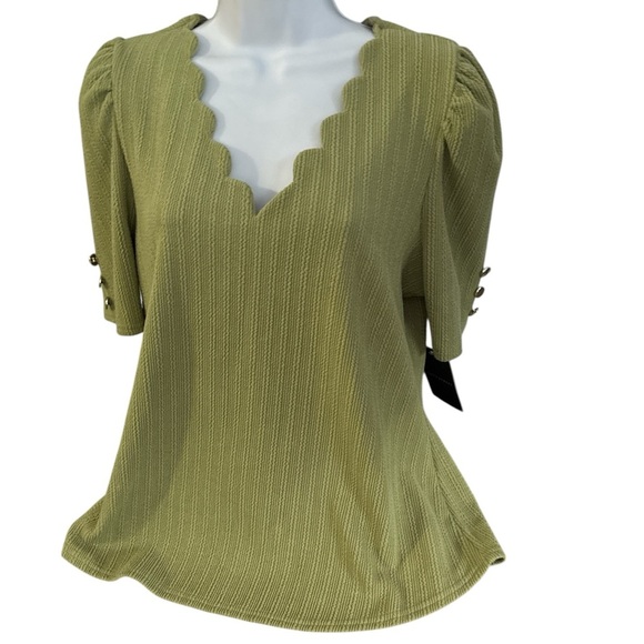 Elegant Avocado Green Scallop Edge Cocktail Blouse with Puff Sleeve  Size XL - Picture 11 of 12
